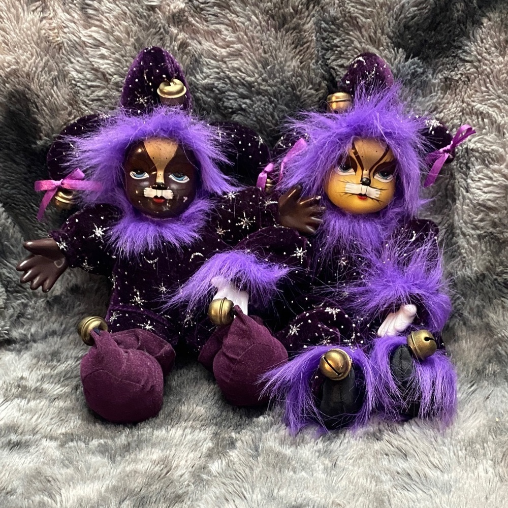 Two Vintage Purple Jester Dolls with Porcelain Heads  and Bells